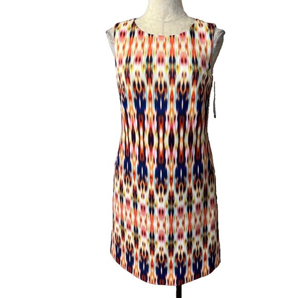 Tahari Sheath Dress 4 Ikat Colorful Stretch Sleeveless Career Church $128 NEW - Picture 2 of 9